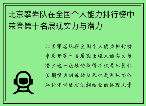 北京攀岩队在全国个人能力排行榜中荣登第十名展现实力与潜力